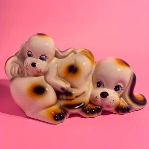Vintage Piggy Bank, Kitsch, Ceramic Cute Dogs, 70s Retro, Anamorphic